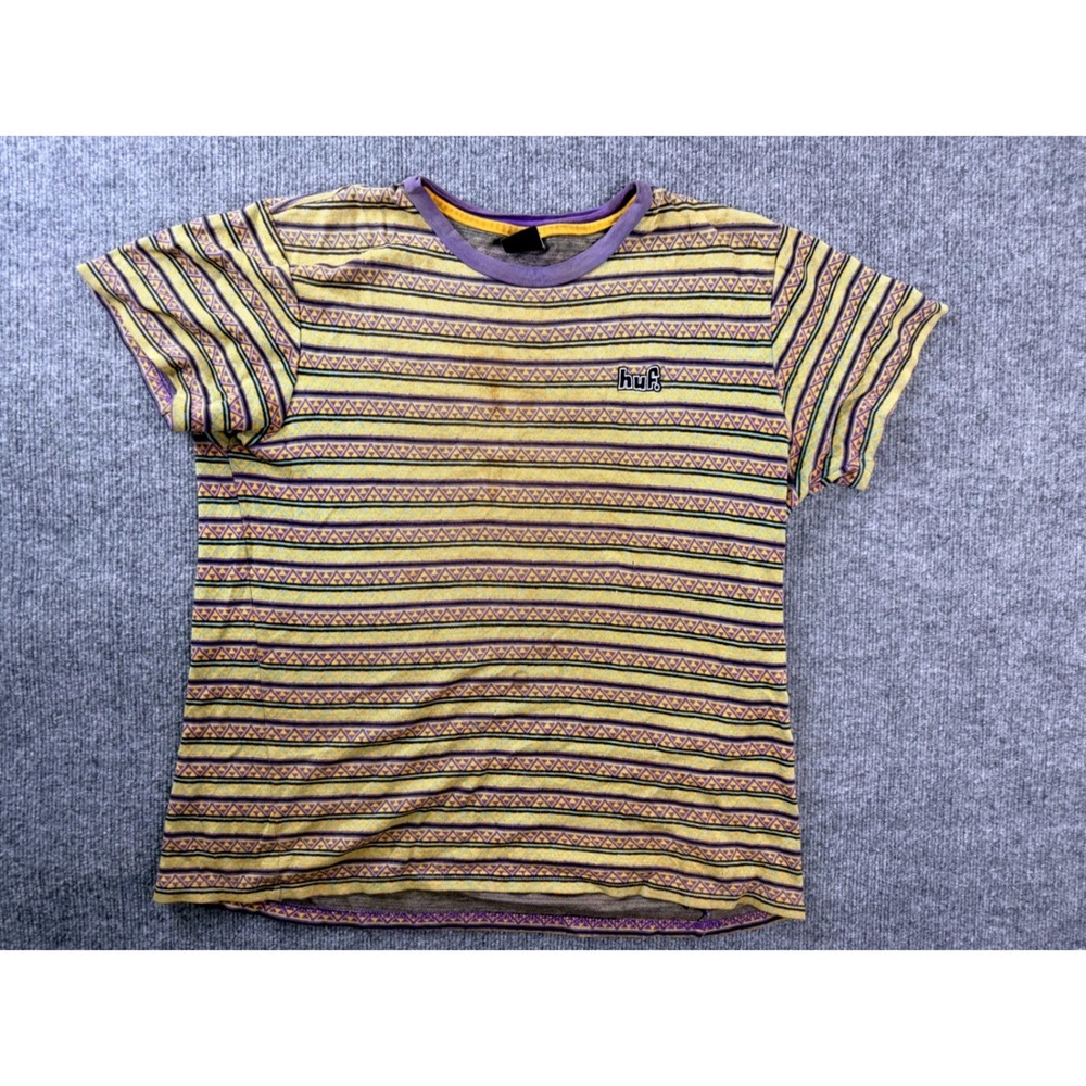 HUF Mens Small Y2K Striped Graphic Tee Purple Yellow Knit Embroidered Logo Shirt